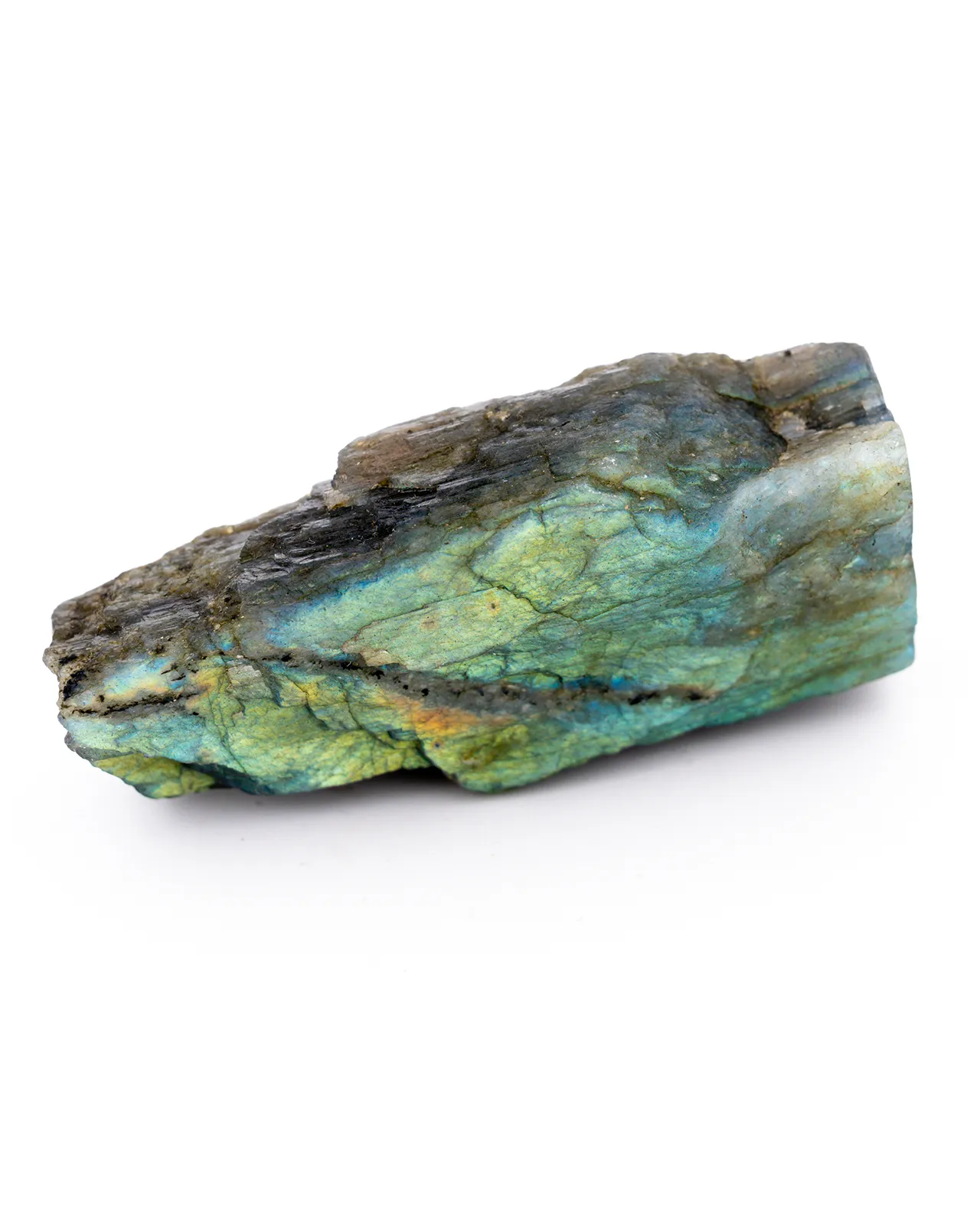 Labradorite brute à poser de couleur verte vue de face à l'horizontale